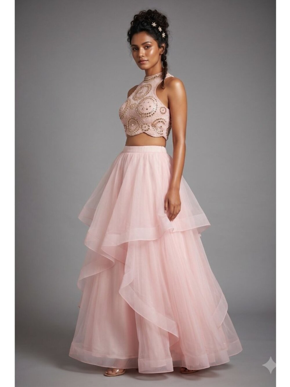 Pink  Princess Prom Dress Size XS Barbiecore Tulle Skirt Embellished Crop Top - Picture 3 of 16
